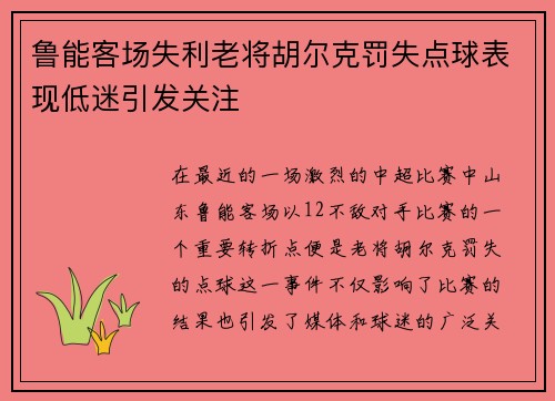 鲁能客场失利老将胡尔克罚失点球表现低迷引发关注