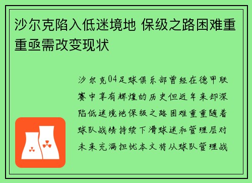 沙尔克陷入低迷境地 保级之路困难重重亟需改变现状