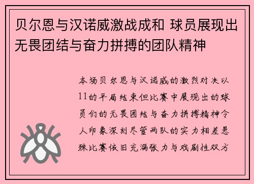 贝尔恩与汉诺威激战成和 球员展现出无畏团结与奋力拼搏的团队精神