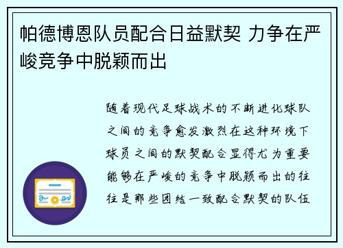 帕德博恩队员配合日益默契 力争在严峻竞争中脱颖而出