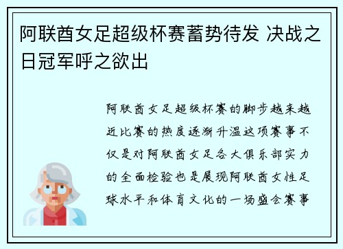 阿联酋女足超级杯赛蓄势待发 决战之日冠军呼之欲出