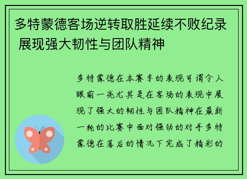 多特蒙德客场逆转取胜延续不败纪录 展现强大韧性与团队精神