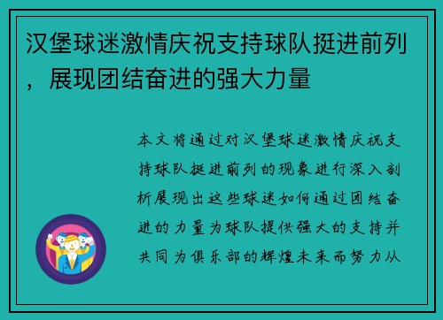 汉堡球迷激情庆祝支持球队挺进前列，展现团结奋进的强大力量