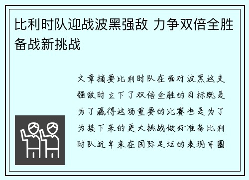 比利时队迎战波黑强敌 力争双倍全胜备战新挑战