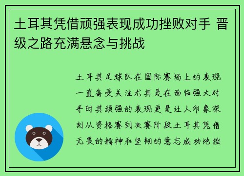 土耳其凭借顽强表现成功挫败对手 晋级之路充满悬念与挑战