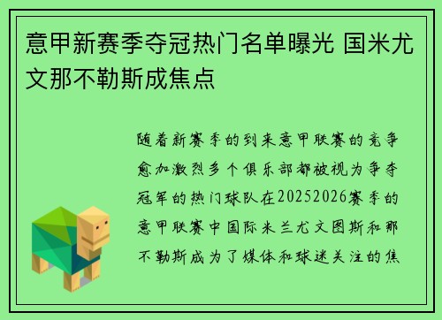 意甲新赛季夺冠热门名单曝光 国米尤文那不勒斯成焦点