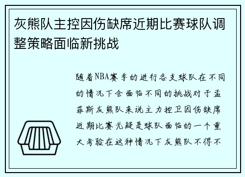 灰熊队主控因伤缺席近期比赛球队调整策略面临新挑战