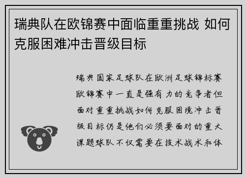 瑞典队在欧锦赛中面临重重挑战 如何克服困难冲击晋级目标