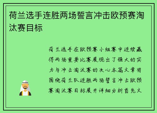 荷兰选手连胜两场誓言冲击欧预赛淘汰赛目标