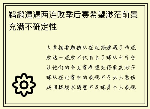 鹈鹕遭遇两连败季后赛希望渺茫前景充满不确定性