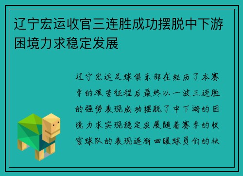 辽宁宏运收官三连胜成功摆脱中下游困境力求稳定发展