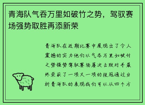 青海队气吞万里如破竹之势，驾驭赛场强势取胜再添新荣